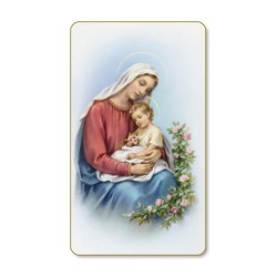 Santino dal bordo dorato della Madonna con Bambino in un delicato sfondo azzurro