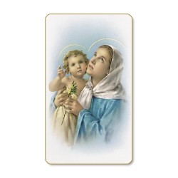 Santino dal bordo dorato della Madonna con Bambino in un delicato sfondo azzurro