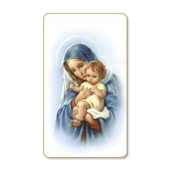 Santino dal bordo dorato della Madonna con Bambino in un delicato sfondo azzurro