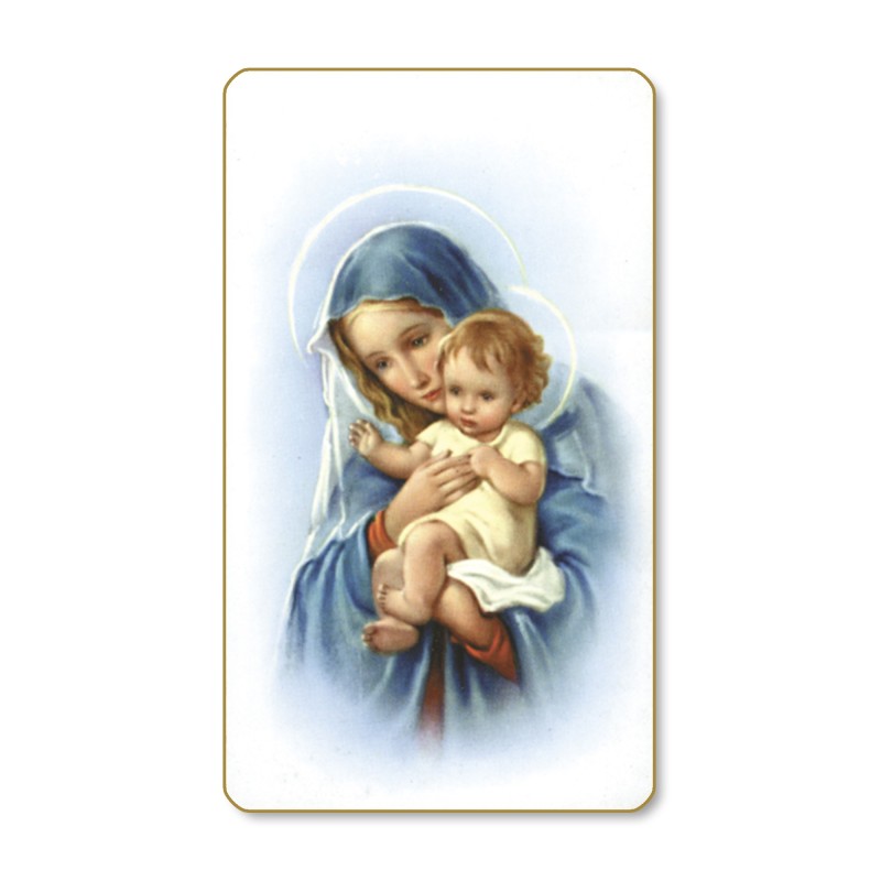 Santino dal bordo dorato della Madonna con Bambino in un delicato sfondo azzurro