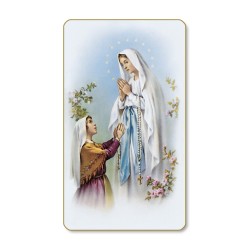 Santino dal bordo dorato dell'Apparizione di Lourdes in un delicato sfondo azzurro