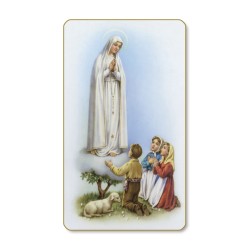 Santino dal bordo dorato dell'Apparizione di Fatima in un delicato sfondo azzurro