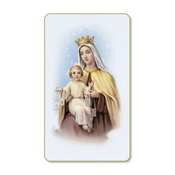 Santino dal bordo dorato della Madonna del Carmelo in un delicato sfondo azzurro