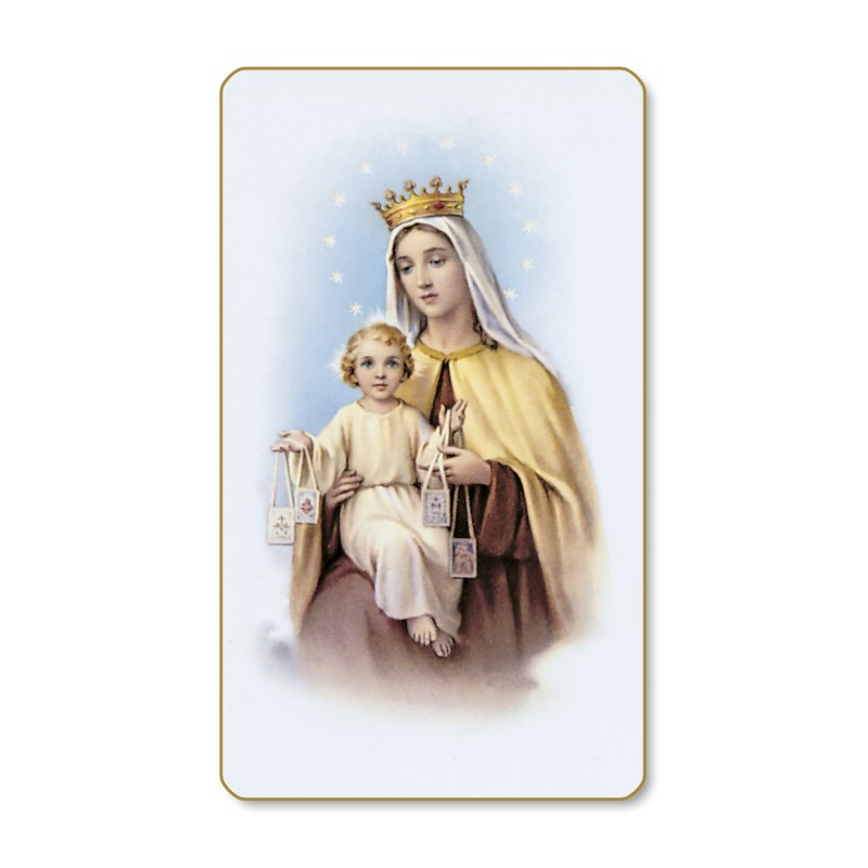 Santino dal bordo dorato della Madonna del Carmelo in un delicato sfondo azzurro Santino dal bordo dorato della Madonna del Carmelo in un delicato sfondo azzurro