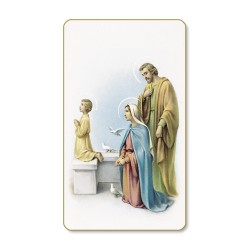 Santino dal bordo dorato della Sacra Famiglia in un delicato sfondo azzurro