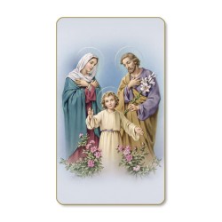 Santino dal bordo dorato della Sacra Famiglia in un delicato sfondo azzurro