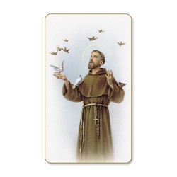 Santino dal bordo dorato di San Francesco d'Assisi in un delicato sfondo azzurro