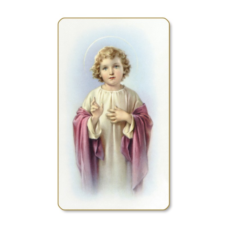 Santino dal bordo dorato di Gesù Bambino benedicente in un delicato sfondo azzurro Santino dal bordo dorato di Gesù Bambino benedicente in un delicato sfondo azzurro