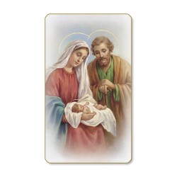 Santino dal bordo dorato della Sacra Famiglia in un delicato sfondo azzurro