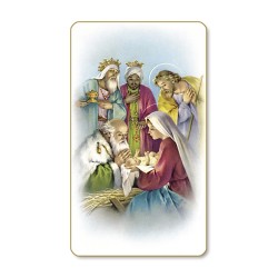 Santino dal bordo dorato dell'Adorazione dei Magi in un delicato sfondo azzurro