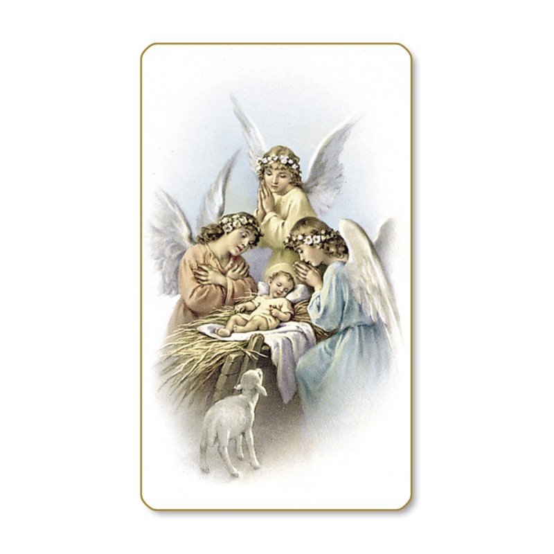 Santino dal bordo dorato della Gesù Bambino con angeli in un delicato sfondo azzurro Santino dal bordo dorato della Gesù Bambino con angeli in un delicato sfondo azzurro
