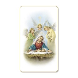 Santino dal bordo dorato della Natività con tre angeli in un delicato sfondo azzurro