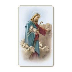 Santino dal bordo dorato di Gesù Buon Pastore in un delicato sfondo azzurro