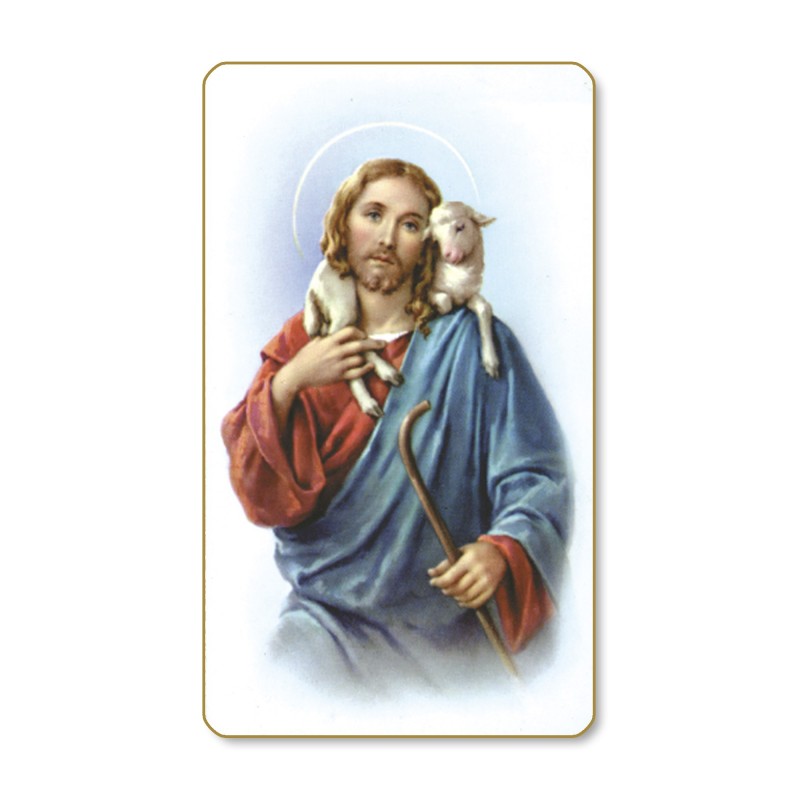 Santino dal bordo dorato di Gesù Buon Pastore in un delicato sfondo azzurro Santino dal bordo dorato di Gesù Buon Pastore in un delicato sfondo azzurro