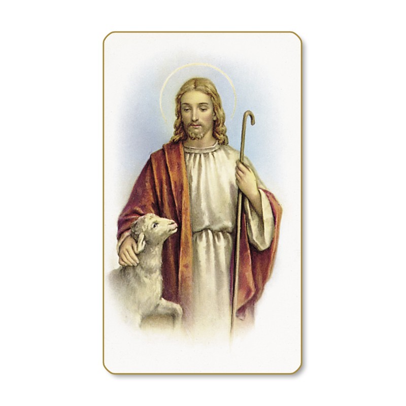 Santino dal bordo dorato di Gesù Buon Pastore in un delicato sfondo azzurro Santino dal bordo dorato di Gesù Buon Pastore in un delicato sfondo azzurro