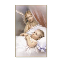Santino di un bambino in culla vegliato da un angelo