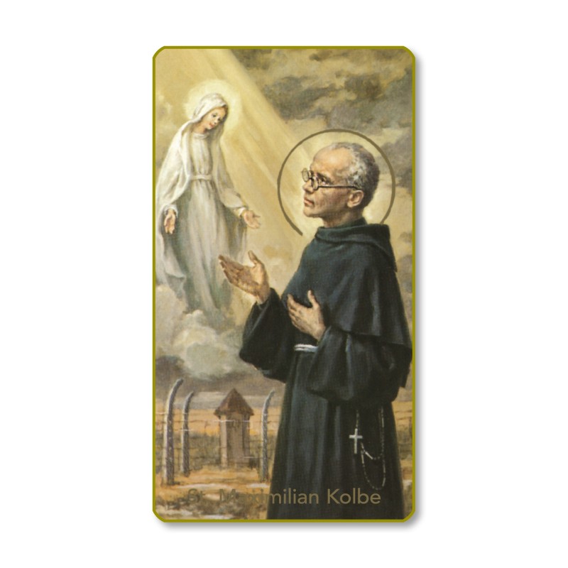 Santino con bordo dorato e angoli stondati di San Massimiliano Kolbe Santino con bordo dorato e angoli stondati di San Massimiliano Kolbe