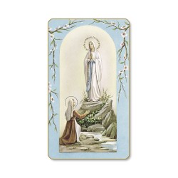 Santino dell'Apparizione di Lourdes in cornice di fiori di pesco