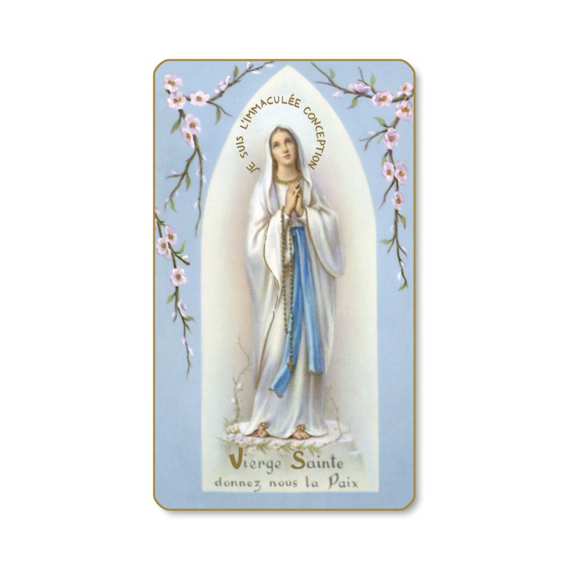 Santino della Madonna di Lourdes con fiori di pesco Santino della Madonna di Lourdes con fiori di pesco