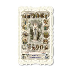 Santino della Madonna di Lourdes con i Misteri. Stampato in carta pregiata con oro a caldo e preghiera a retro