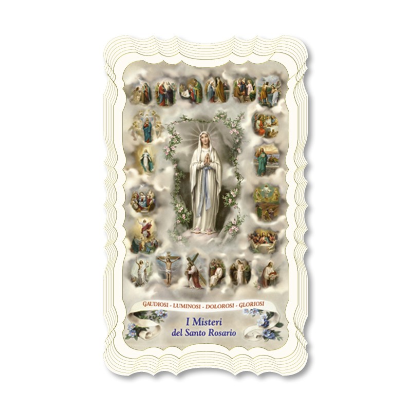 Santino della Madonna di Lourdes con i Misteri. Stampato in carta pregiata con oro a caldo e preghiera a retro Santino della Madonna di Lourdes con i Misteri. Stampato in carta pregiata con oro a caldo e preghiera a retro