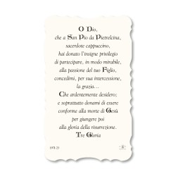 Santino di Padre Pio. Stampato in carta pregiata con oro a caldo e preghiera a retro