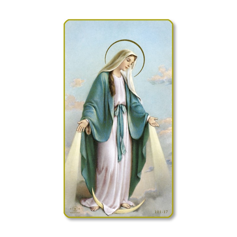 Santino della Madonna Miracolosa di profilo con bordo dorato e angoli stondati Santino della Madonna Miracolosa di profilo con bordo dorato e angoli stondati