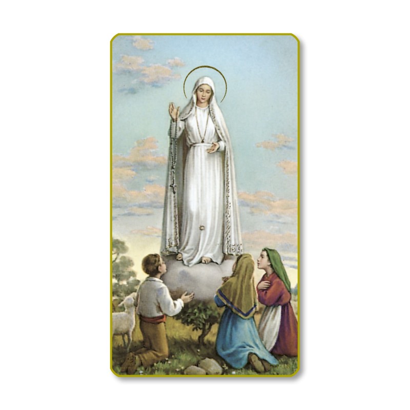 Santino dell'Apparizione di Fatima con bordo dorato e angoli stondati Santino dell'Apparizione di Fatima con bordo dorato e angoli stondati