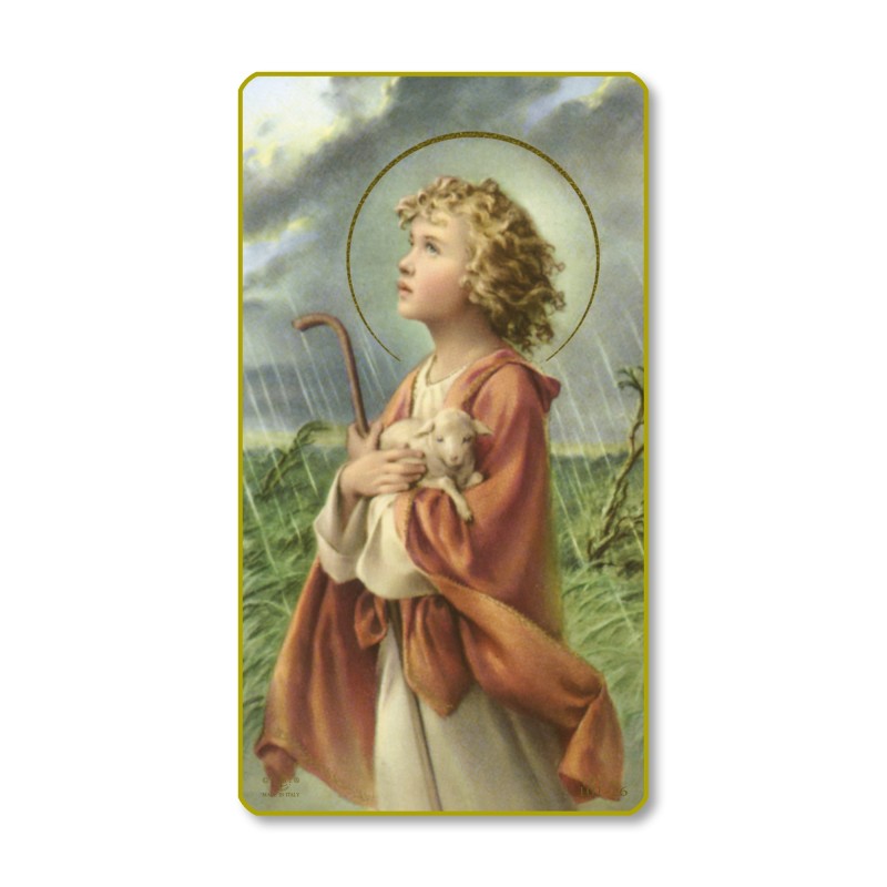 Santino di Gesù Bambino Buon Pastore con bordo dorato e angoli stondati Santino di Gesù Bambino Buon Pastore con bordo dorato e angoli stondati
