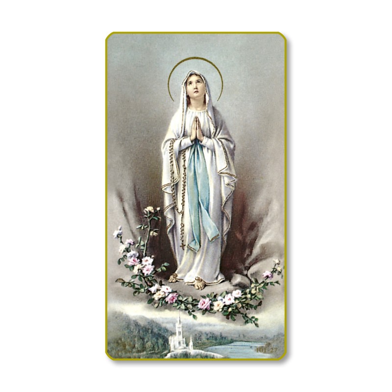 Santino della Madonna di Lourdes con bordo dorato e angoli stondati Santino della Madonna di Lourdes con bordo dorato e angoli stondati
