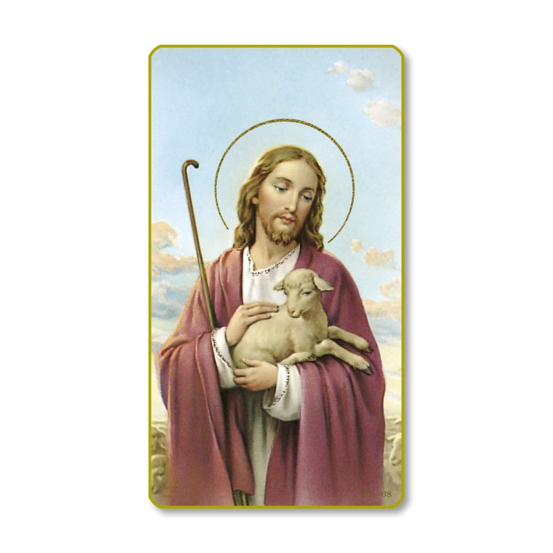 Santino di Gesù Buon Pastore a mezzo busto con bordo dorato e angoli stondati Santino di Gesù Buon Pastore a mezzo busto con bordo dorato e angoli stondati