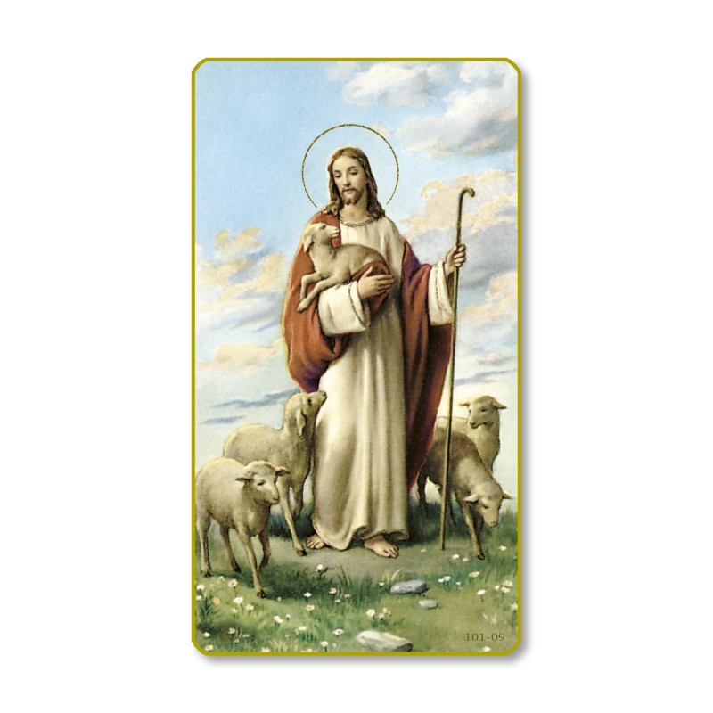 Santino di Gesù Buon Pastore con bordo dorato e angoli stondati Santino di Gesù Buon Pastore con bordo dorato e angoli stondati