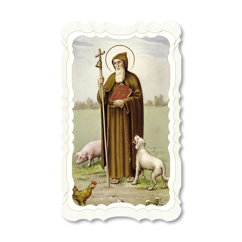 Santino di Sant'Antonio Abate. Stampato in carta pregiata con oro a caldo e preghiera a retro Santino di Sant'Antonio Abate. Stampato in carta pregiata con oro a caldo e preghiera a retro