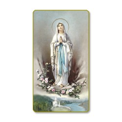 Santino con bordo dorato e angoli stondati della Madonna di Lourdes