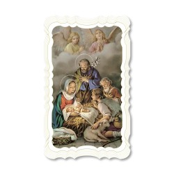 Santino dell'Adorazione dei pastori. Stampato in carta pregiata con oro a caldo e preghiera a retro