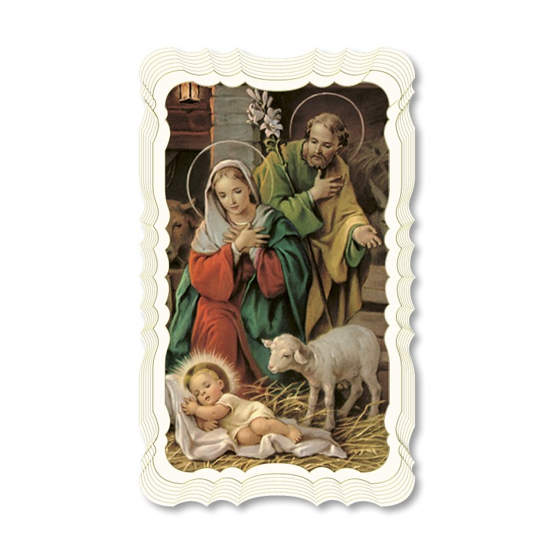 Santino del Presepe. Stampato in carta pregiata con oro a caldo e preghiera a retro Santino del Presepe. Stampato in carta pregiata con oro a caldo e preghiera a retro