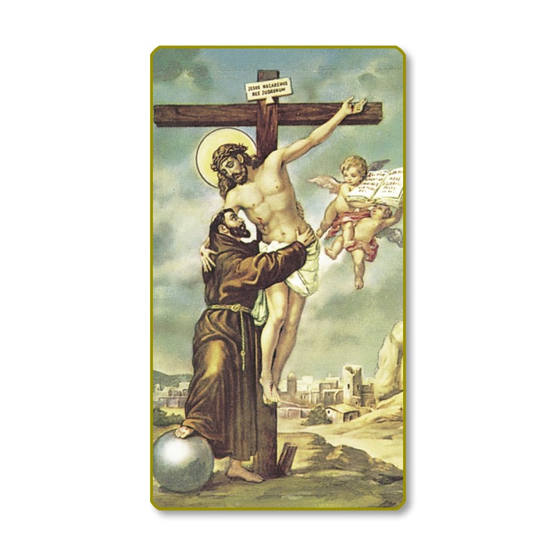 Santino con bordo dorato e angoli stondati di San Francesco con crocefisso Santino con bordo dorato e angoli stondati di San Francesco con crocefisso