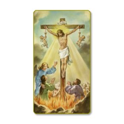 Santino con bordo dorato e angoli stondati di Gesù crocefisso con le anime del Purgatorio