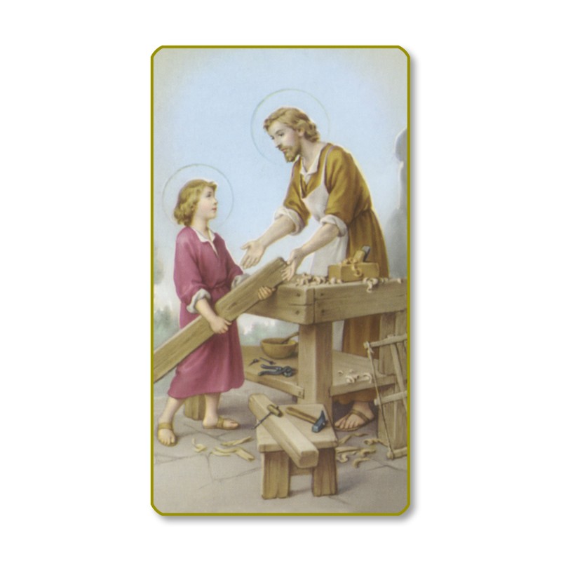 Santino con bordo dorato e angoli stondati di San Giuseppe lavoratore