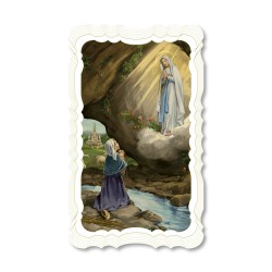 Santino dell'Apparizione di Lourdes. Stampato in carta pregiata con oro a caldo e preghiera a retro