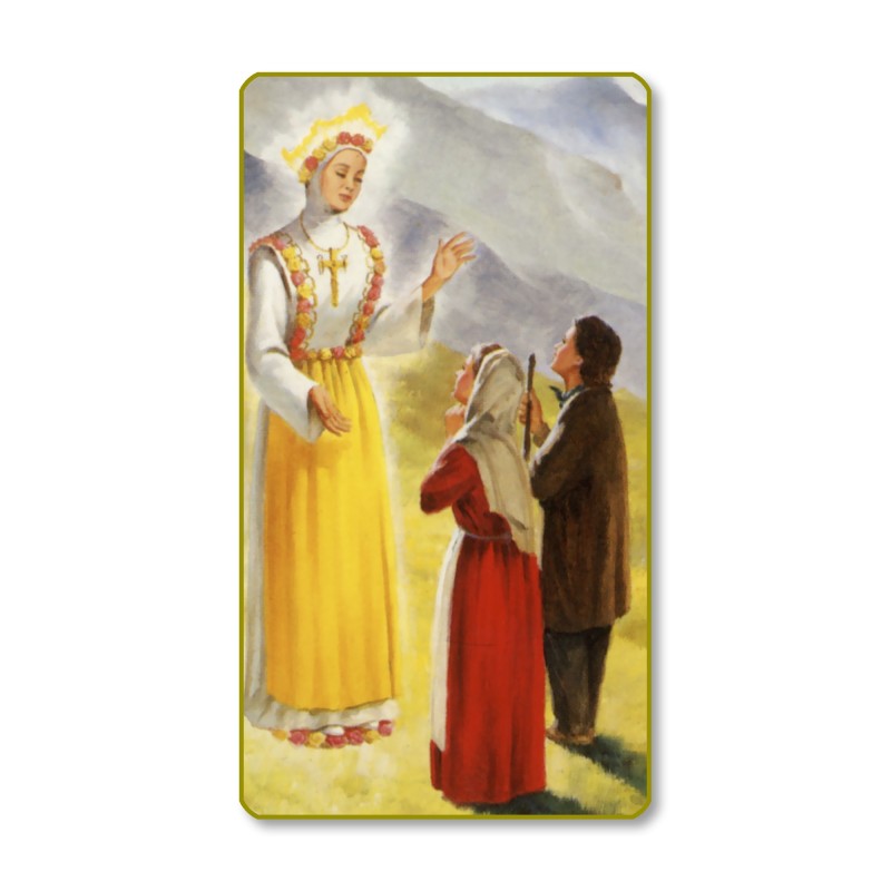 Santino con bordo dorato e angoli stondati della Madonna de la Salette Santino con bordo dorato e angoli stondati della Madonna de la Salette
