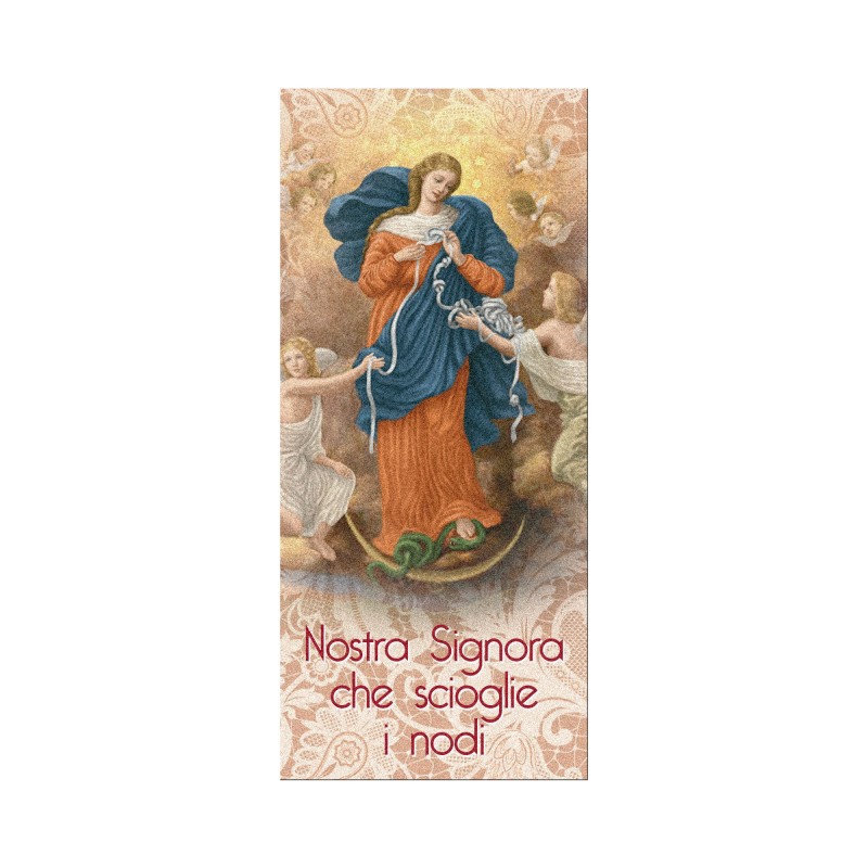 Segnalibro in pregiato cartoncino perlato della Madonna dei Nodi con preghiera a retro Segnalibro in pregiato cartoncino perlato della Madonna dei Nodi con preghiera a retro
