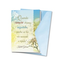 Biglietto a tema floreale in carta perlata con Quando l'amore chiama seguitelo di Gibran