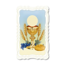Santino dei simboli eucaristici di Prima Comunione. Stampato in carta pregiata con oro a caldo e preghiera a retro