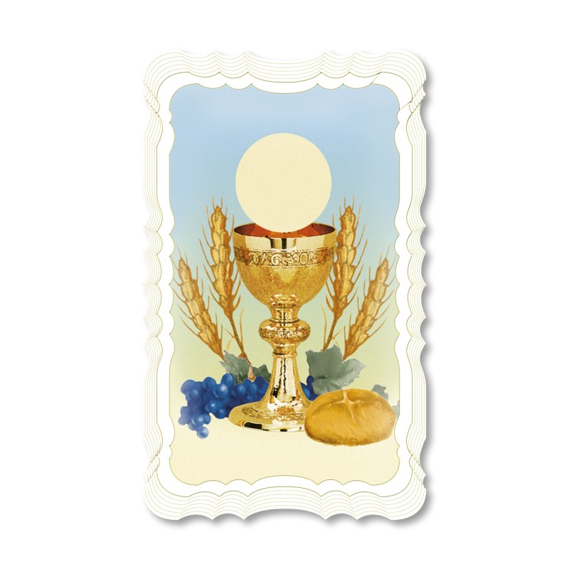 Santino dei simboli eucaristici di Prima Comunione. Stampato in carta pregiata con oro a caldo e preghiera a retro