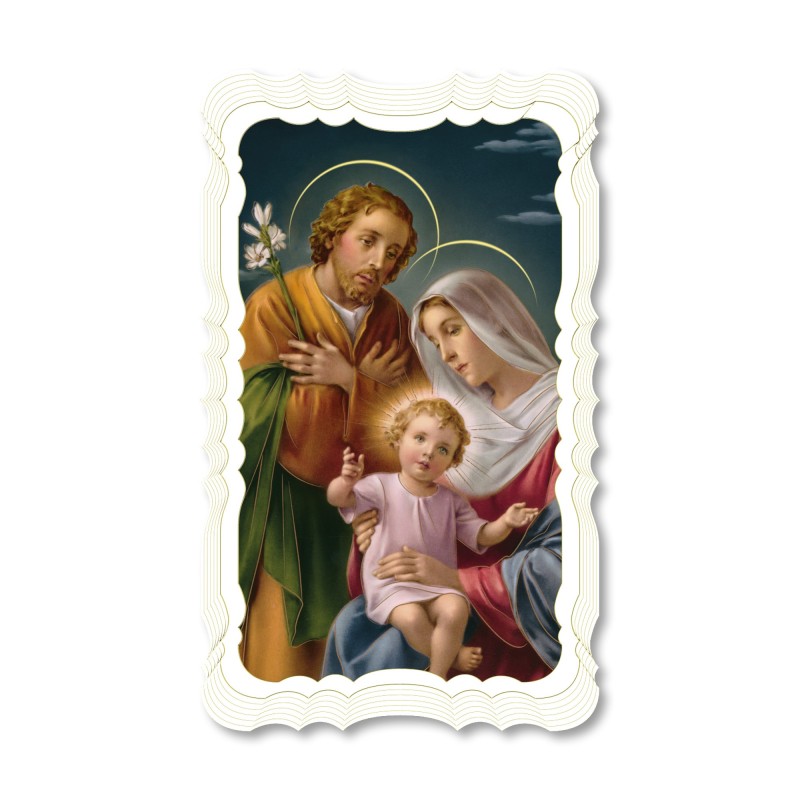 Santino della Sacra Famiglia. Stampato in carta pregiata con oro a caldo e preghiera a retro Santino della Sacra Famiglia. Stampato in carta pregiata con oro a caldo e preghiera a retro