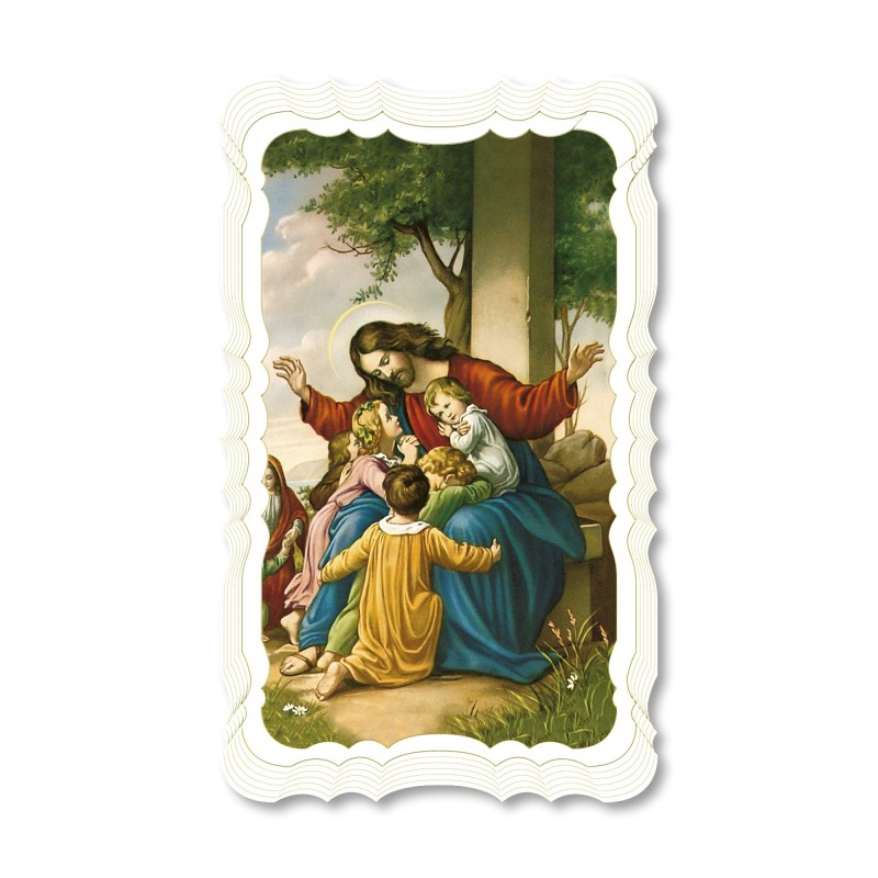 Santino di Gesù con i pargoli. Stampato in carta pregiata con oro a caldo e preghiera a retro Santino di Gesù con i pargoli. Stampato in carta pregiata con oro a caldo e preghiera a retro