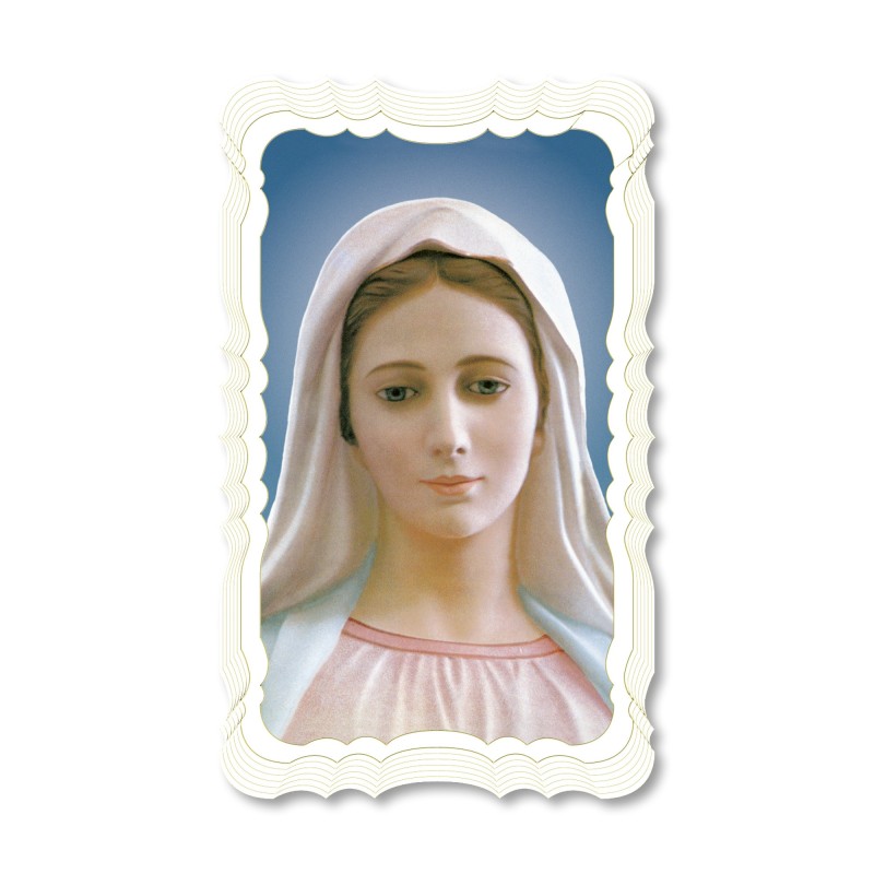 Santino della Madonna di Medjugorie. Stampato in carta pregiata con oro a caldo e preghiera a retro Santino della Madonna di Medjugorie. Stampato in carta pregiata con oro a caldo e preghiera a retro
