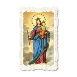 Santino di Maria Ausiliatrice. Stampato in carta pregiata con oro a caldo e preghiera a retro