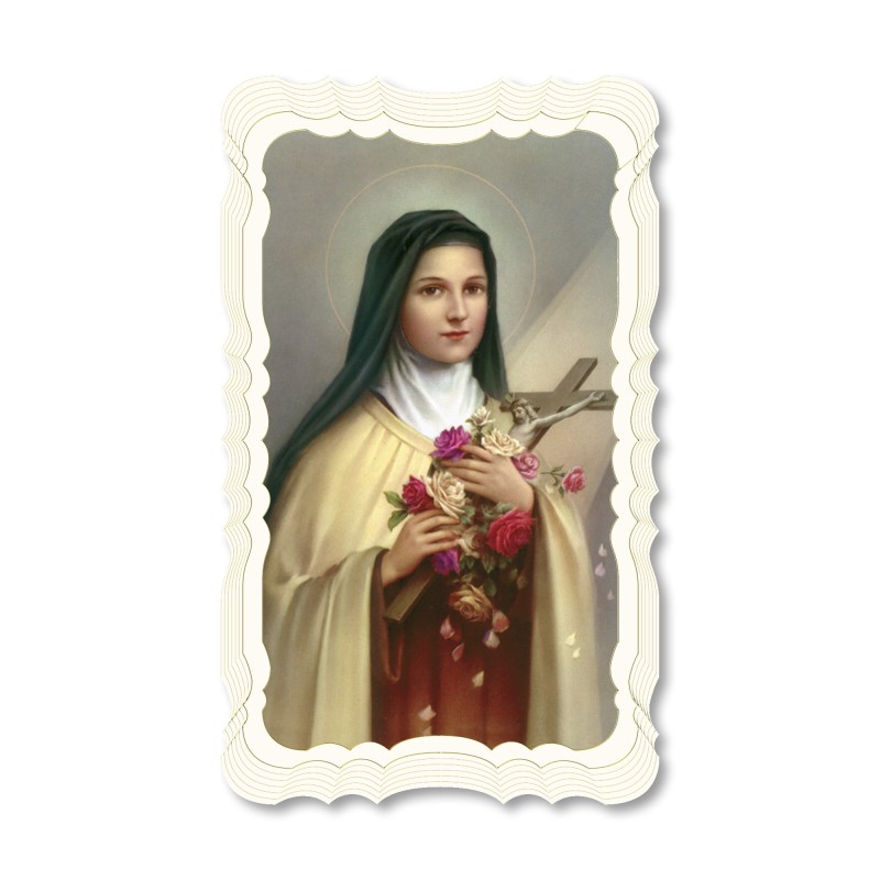 Santino di Santa Teresa del Bambin Gesù. Stampato in carta pregiata con oro a caldo e preghiera a retro Santino di Santa Teresa del Bambin Gesù. Stampato in carta pregiata con oro a caldo e preghiera a retro